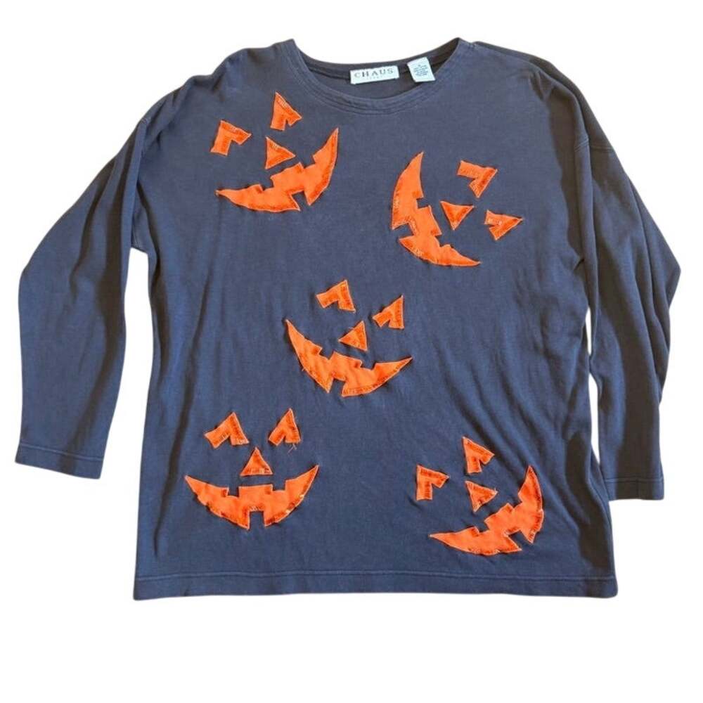 Halloween Pumpkin Jack O Lantern Vintage black long sleeve cotton shirt Medium